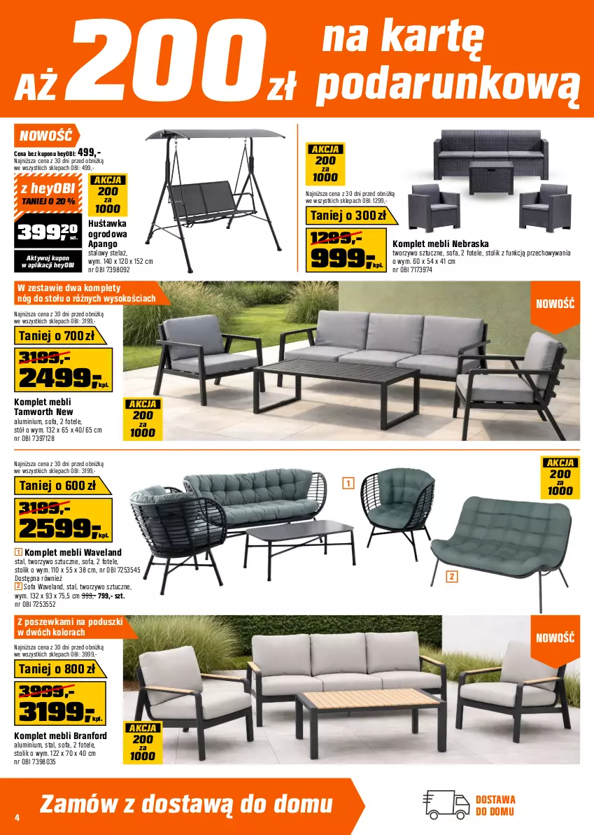Gazetka promocyjna Obi - Gazetka OBI - ważna 22.04 do 05.05.2026 - strona 4 - produkty: Fa, Fotel, Huśtawka, Por, Poszewka, Puf, Sofa, Sok, Stół, Stolik, Telefon