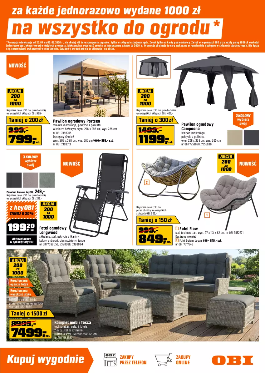 Gazetka promocyjna Obi - Gazetka OBI - ważna 22.04 do 05.05.2026 - strona 5 - produkty: Fa, Fotel, Huśtawka, Por, Poszewka, Puf, Sofa, Sok, Stół, Stolik, Telefon
