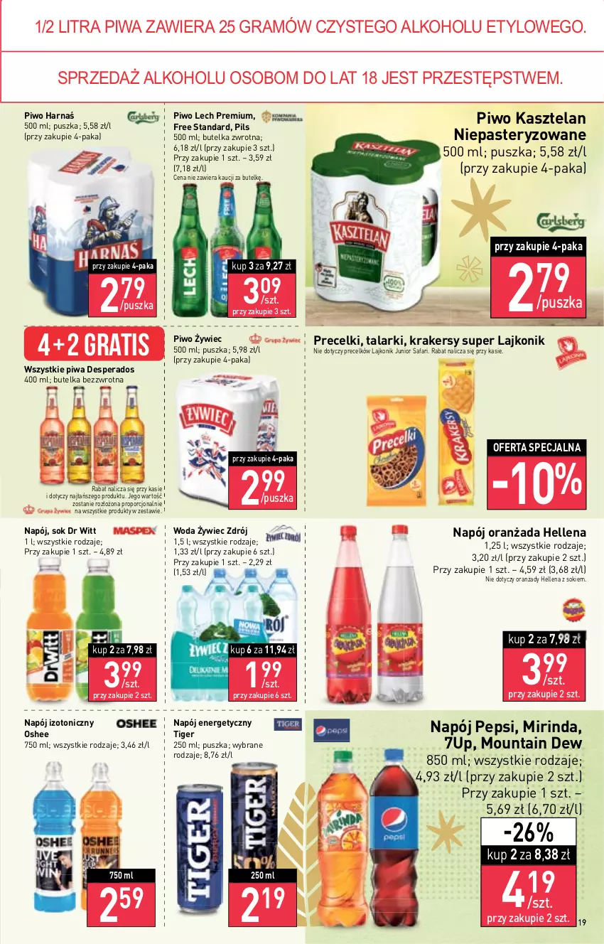 Gazetka promocyjna Stokrotka - Supermarket - ważna 22.12 do 28.12.2022 - strona 19 - produkty: 7up, Desperados, Fa, Gra, Harnaś, Hellena, Kasztelan, Krakersy, Lajkonik, Lech Premium, Mirinda, Napój, Napój energetyczny, Napój izotoniczny, Oranżada, Oshee, Pepsi, Piwa, Piwo, Por, Precelki, Sok, Tiger, Woda