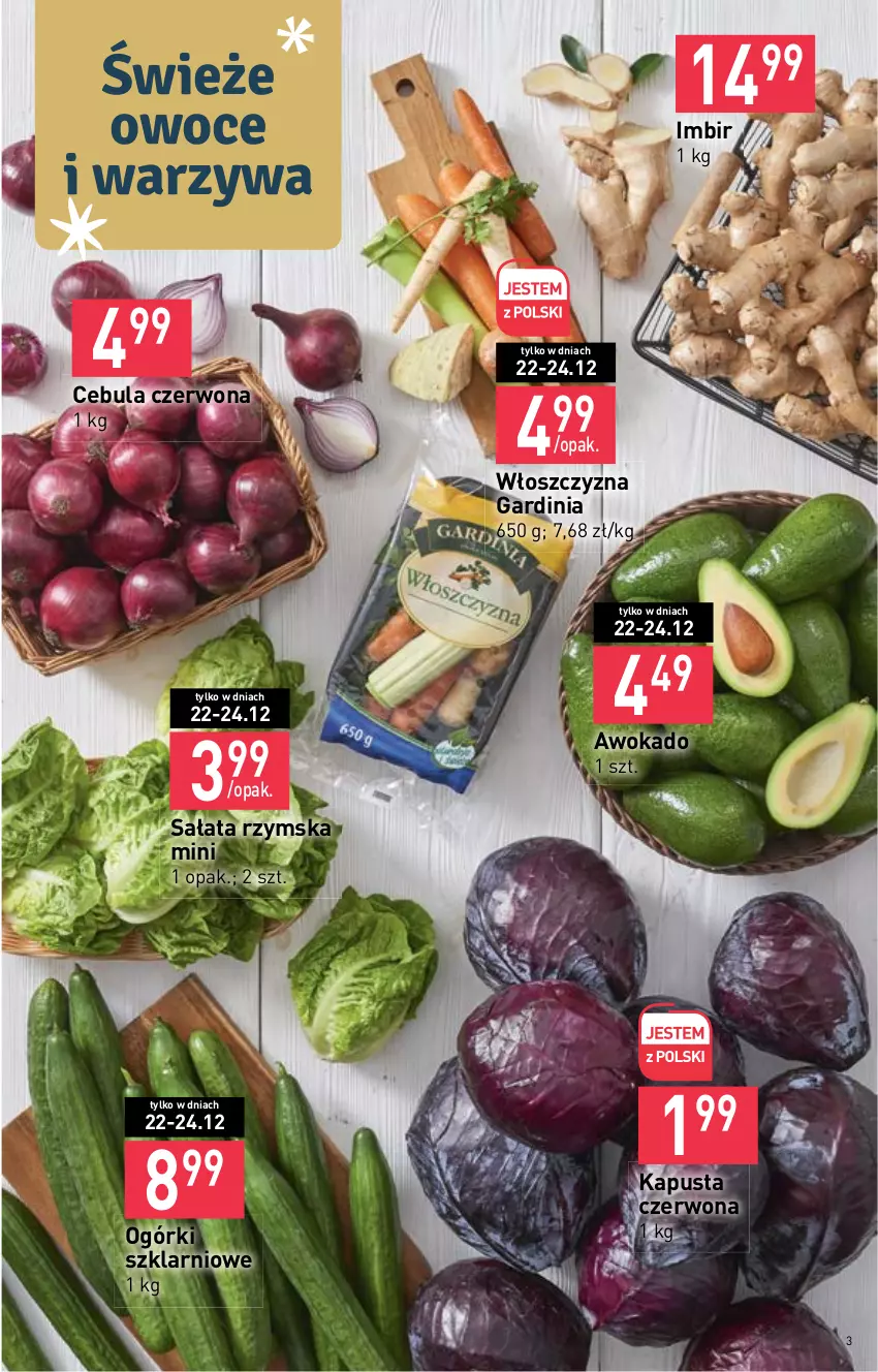 Gazetka promocyjna Stokrotka - Supermarket - ważna 22.12 do 28.12.2022 - strona 3 - produkty: Cebula, Cebula czerwona, Imbir, Owoce, Sałat, Warzywa