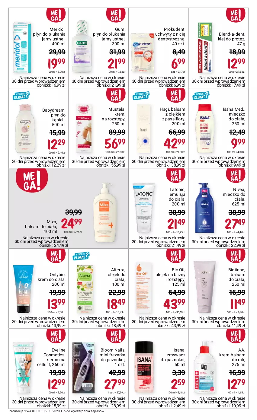 Gazetka promocyjna Rossmann - 1 marca - ważna 01.03 do 15.03.2023 - strona 12 - produkty: Alterra, Babydream, Balsam do ciała, Emulsja, Eveline, Frezarka, Isana, Klej, Krem do ciała, Mixa, Mleczko, Mleczko do ciała, Mus, Mustela, Nivea, Olej, Olejek do ciała, Płyn do kąpieli, Płyn do płukania, Płyn do płukania jamy ustnej, Prokudent, Rum, Ser, Serum, Top, Uchwyty, Zmywacz do paznokci