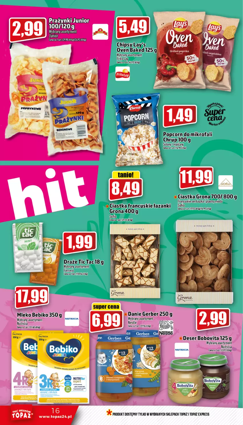 Gazetka promocyjna Topaz - Gazetka - ważna 02.02 do 08.02.2023 - strona 16 - produkty: Bebiko, BoboVita, Chipsy, Ciastka, Deser, Fa, Ferrero, Gerber, Mleko, NBA, Popcorn, Ser, Top