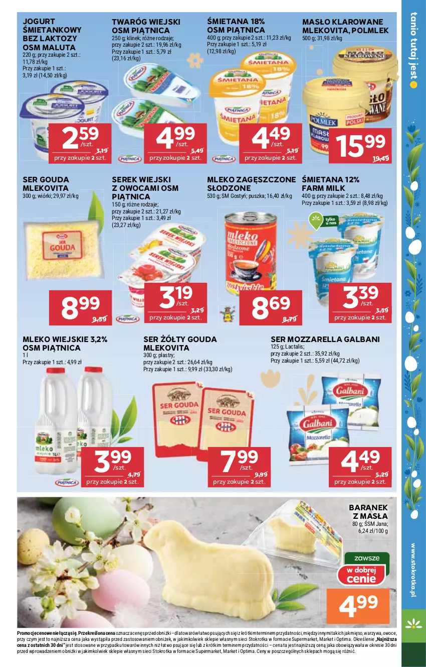 Gazetka promocyjna Stokrotka - Supermarket - ważna 26.03 do 01.04.2026 - strona 19 - produkty: Fa, Farm Milk, Galbani, Gouda, Jogurt, Masło, Masło klarowane, Mięso, Mleko, Mleko zagęszczone, Mlekovita, Mozzarella, Optima, Owoce, Piątnica, POLMLEK, Ser, Serek, Serek wiejski, Twaróg, Warzywa