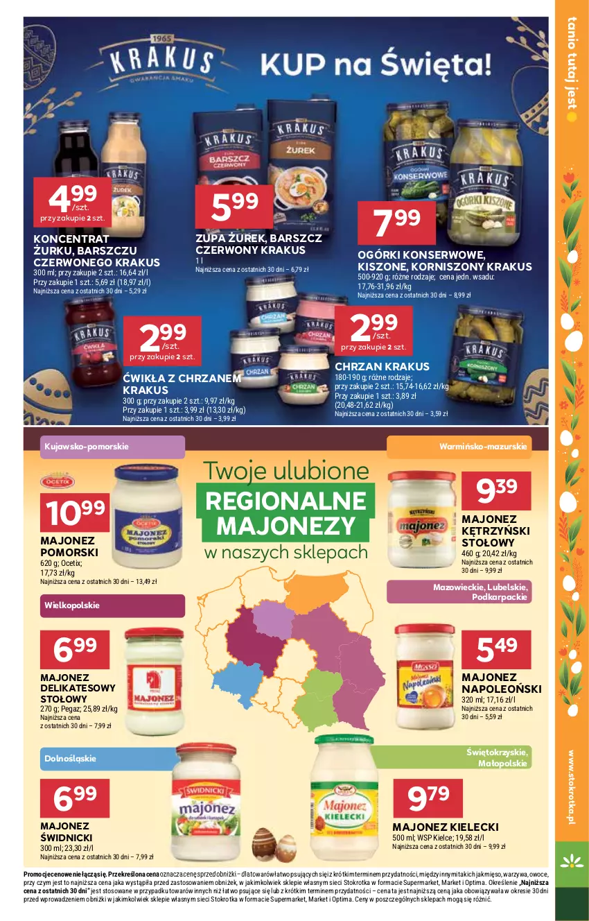 Gazetka promocyjna Stokrotka - Supermarket - ważna 26.03 do 01.04.2026 - strona 25 - produkty: Chrzan, Karp, Korniszony, Krakus, Majonez, Mięso, Ocet, Ogórki konserwowe, Oleo, Optima, Owoce, Ser, Warzywa, Zupa