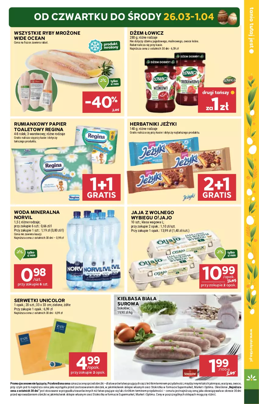 Gazetka promocyjna Stokrotka - Supermarket - ważna 26.03 do 01.04.2026 - strona 5 - produkty: Dżem, Gin, Gra, Herbatniki, Jaja, Jaja z wolnego wybiegu, Jeżyki, Kiełbasa, Kiełbasa biała, Mięso, Optima, Owoce, Papier, Papier toaletowy, Rum, Ser, Serwetki, Sok, Sokołów, Warzywa, Woda, Woda mineralna