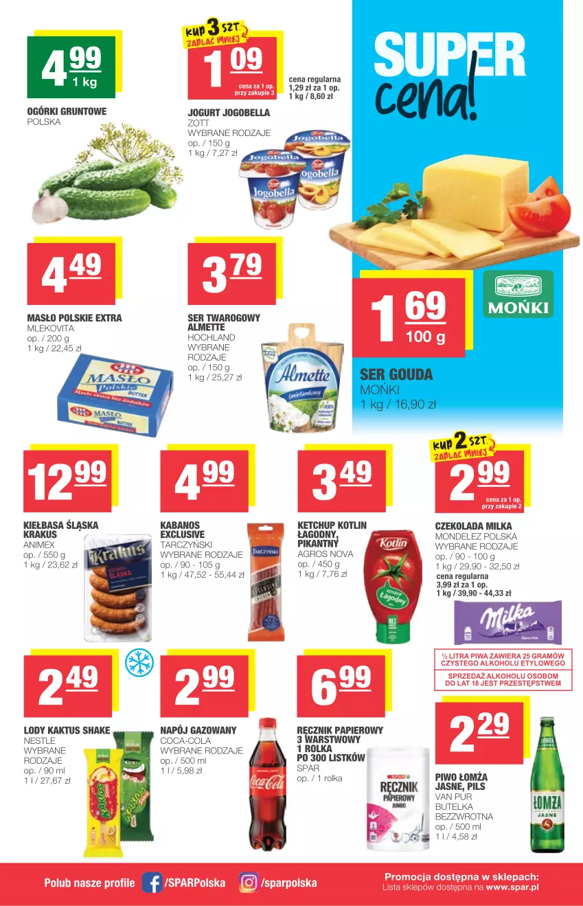 Gazetka promocyjna Spar - Express - ważna 09.06 do 15.06.2021 - strona 2 - produkty: Almette, Bell, Bella, Coca-Cola, Czekolada, Grunt, Hochland, Jogobella, Jogurt, Kabanos, Kaktus, Ketchup, Kiełbasa, Kiełbasa śląska, Kotlin, Krakus, Lody, Masło, Milka, Mleko, Mlekovita, Napój, Napój gazowany, Papier, Piwo, Pur, Ręcznik, Ser, Ser twarogowy, Tarczyński, Zott