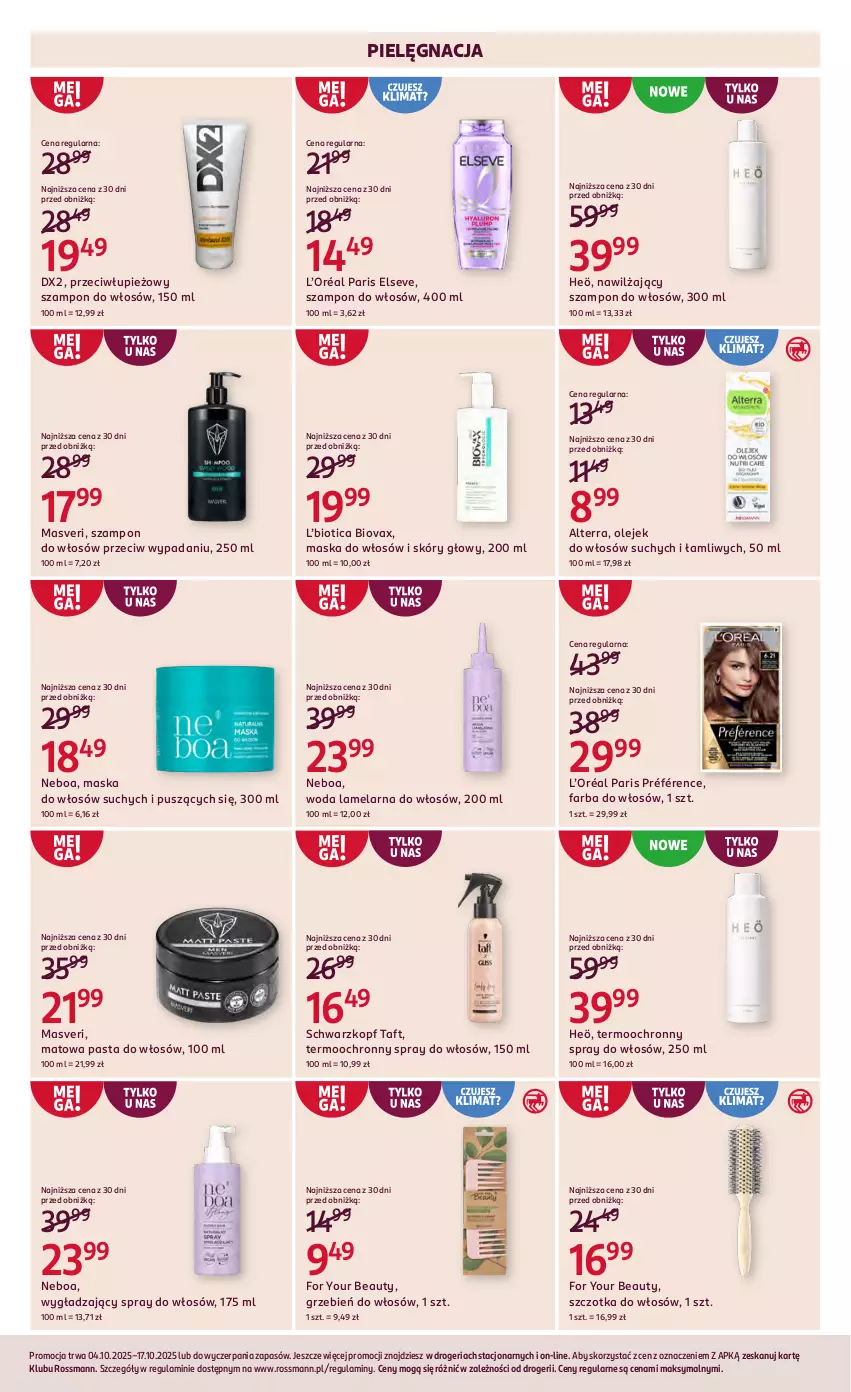 Gazetka promocyjna Rossmann - 4 października - ważna 04.10 do 17.10.2025 - strona 10 - produkty: Alterra, Biovax, DX2, Elseve, Fa, Farba do włosów, For Your Beauty, L’Oréal, Maska, Maska do włosów, Olej, Schwarzkopf, Szampon, Szczotka, Szczotka do włosów, Taft, Woda