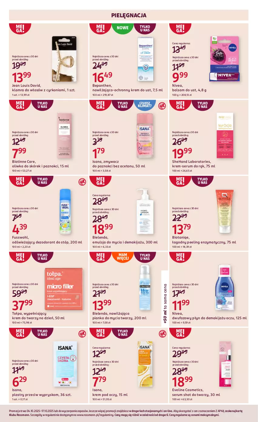 Gazetka promocyjna Rossmann - 4 października - ważna 04.10 do 17.10.2025 - strona 11 - produkty: Balsam do ust, Bepanthen, Bielenda, Dezodorant, Emulsja, Emulsja do mycia, Eveline, Fa, Isana, Krem do twarzy, Krem pod oczy, Makijaż, Nivea, Ochronny krem, Peeling, Pianka do mycia twarzy, Rum, Ser, Serum, Serum do rąk, Tołpa, Zmywacz do paznokci