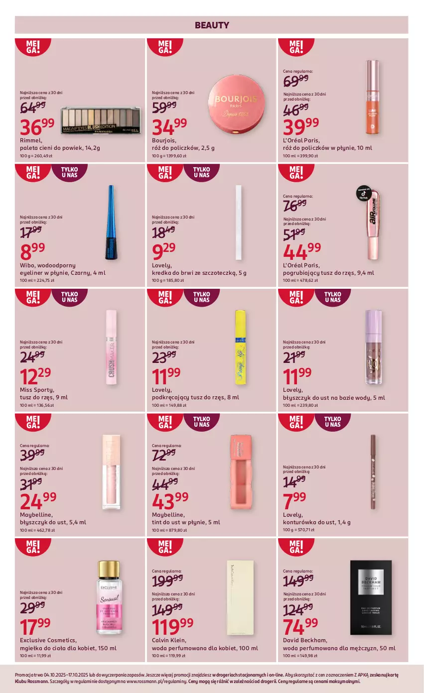 Gazetka promocyjna Rossmann - 4 października - ważna 04.10 do 17.10.2025 - strona 9 - produkty: Bell, Błyszczyk do ust, Bourjois, Calvin Klein, David Beckham, Konturówka do ust, Kredka, Kredka do brwi, L’Oréal, Lovely, Maybelline, Miss Sporty, Paleta, Perfum, Por, Róż do policzków, Sport, Tusz, Wibo, Woda, Woda perfumowana