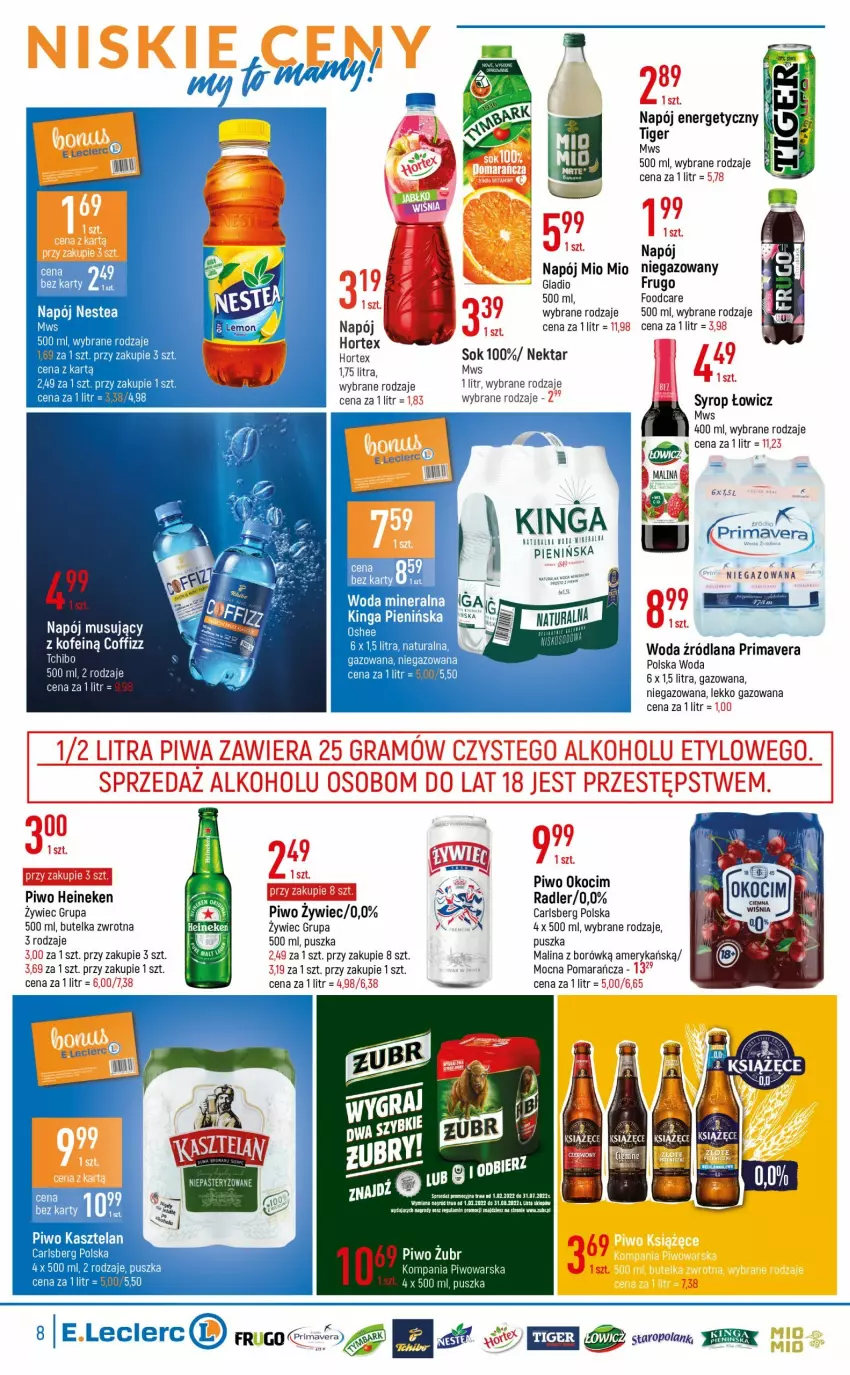 Gazetka promocyjna E Leclerc - ważna 14.06 do 26.06.2022 - strona 8 - produkty: Carlsberg, Gofry, Gra, Heineken, Hortex, Koc, Książęce, LANA, Mus, Napój, Napój energetyczny, Napój musujący, Nektar, Okocim, Piwa, Piwo, Prima, Primavera, Radler, Sok, Syrop, Tiger, Woda