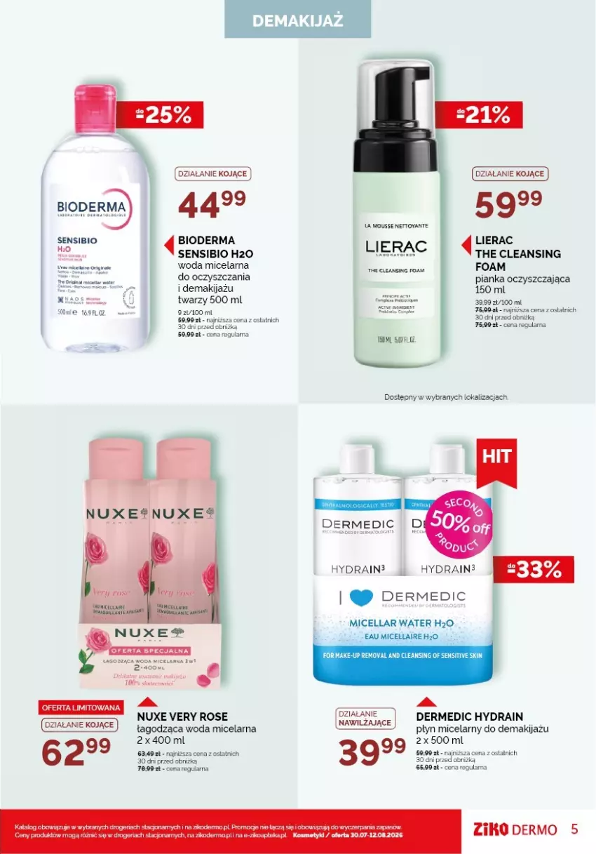 Gazetka promocyjna Ziko - Gazetka Ziko Dermo - ważna 30.07 do 12.08.2026 - strona 5 - produkty: Apteka, Bioderma, Dermedic, Gin, Lierac, Makijaż, Noż, Nuxe, Płyn micelarny, Tago, Woda, Woda micelarna