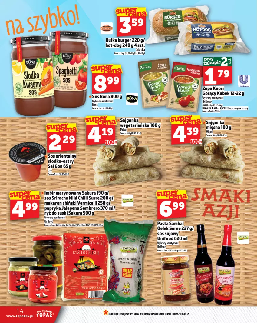 Gazetka promocyjna Topaz - Gazetka - ważna 30.01 do 05.02.2025 - strona 14 - produkty: Bułka, Burger, Knorr, Kubek, LG, Makaron, Makaron chiński, Papryka, Ryż, Ryż do sushi, Sos, Sos sojowy, Sushi, Top, Zupa