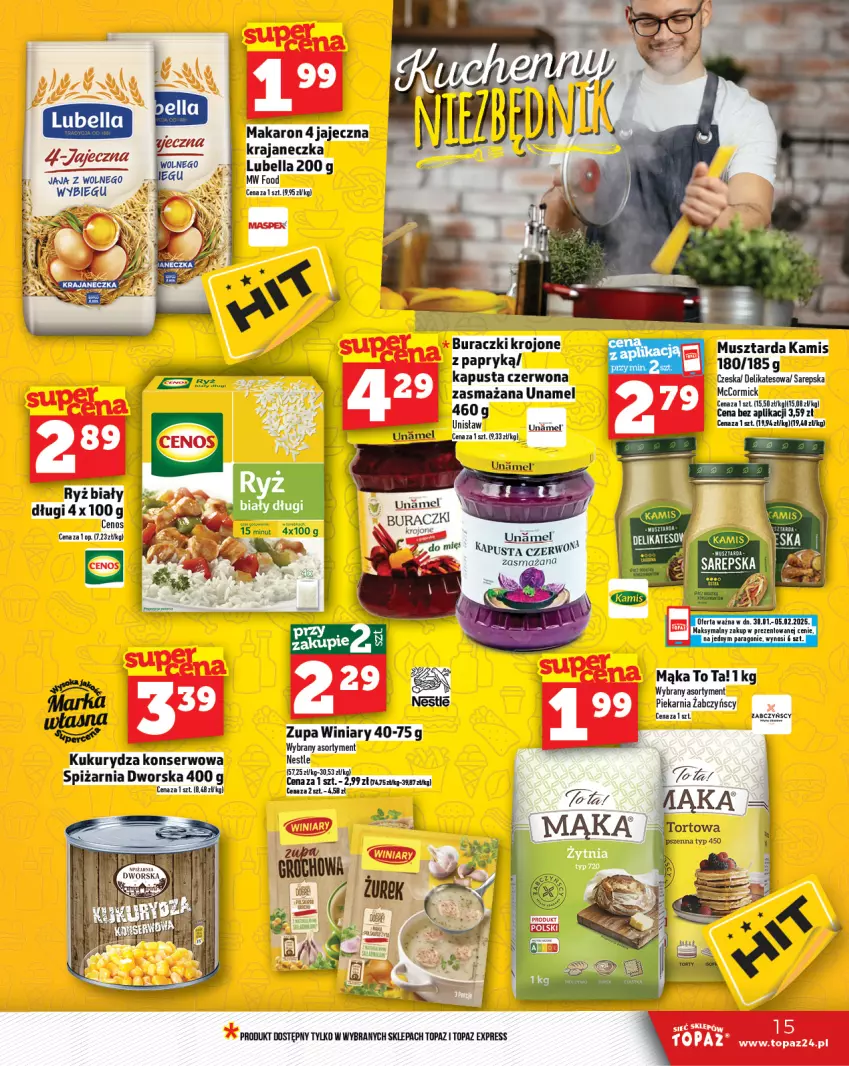 Gazetka promocyjna Topaz - Gazetka - ważna 30.01 do 05.02.2025 - strona 15 - produkty: Bell, Bella, Buraczki, Cenos, Jaja, Kukurydza, Kukurydza konserwowa, Lubella, Mąka, Makaron, Ryż, Ser, Sok, Top, Winiary, Zupa