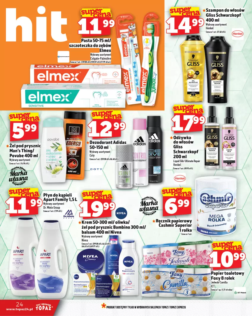 Gazetka promocyjna Topaz - Gazetka - ważna 30.01 do 05.02.2025 - strona 24 - produkty: Adidas, Colgate, Dezodorant, Elmex, Fa, Foxy, LG, Nivea, Odżywka, Oliwa, Palmolive, Papier, Papier toaletowy, Płyn do kąpieli, Schwarzkopf, Szampon, Szczoteczka, Szczoteczka do zębów, Top