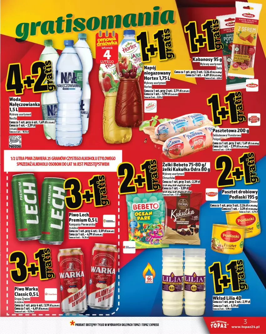 Gazetka promocyjna Topaz - Gazetka - ważna 30.01 do 05.02.2025 - strona 3 - produkty: Duda, Hortex, Kabanos, Lech Premium, Nałęczowianka, Napój, Pekpol, Piwo, Top, Warka