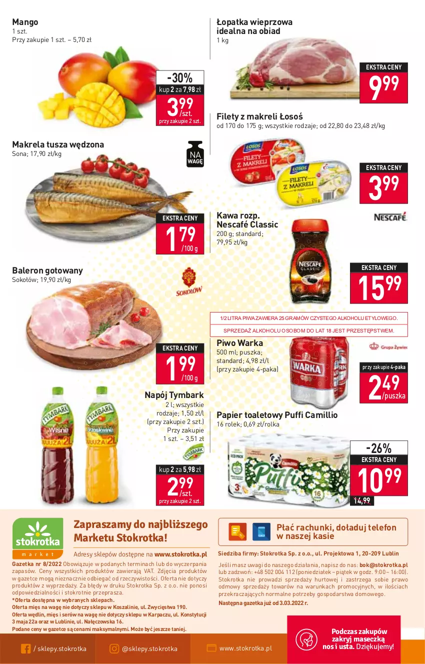 Gazetka promocyjna Stokrotka - Market - ważna 24.02 do 02.03.2022 - strona 12 - produkty: Gra, Karp, Kawa, Kosz, Mango, Napój, Nescafé, O nas, Papier, Papier toaletowy, Piwa, Piwo, Puf, Ser, Sok, Sokołów, Szal, Telefon, Tusz, Tymbark, Wagi, Warka