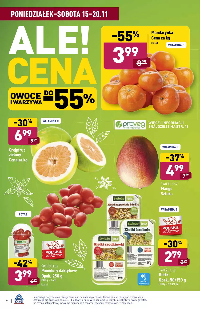 Gazetka promocyjna Aldi - ważna 15.11 do 20.11.2021 - strona 2 - produkty: Grejpfrut, Kiełki, Mango, Owoce, Pomidory, Warzywa