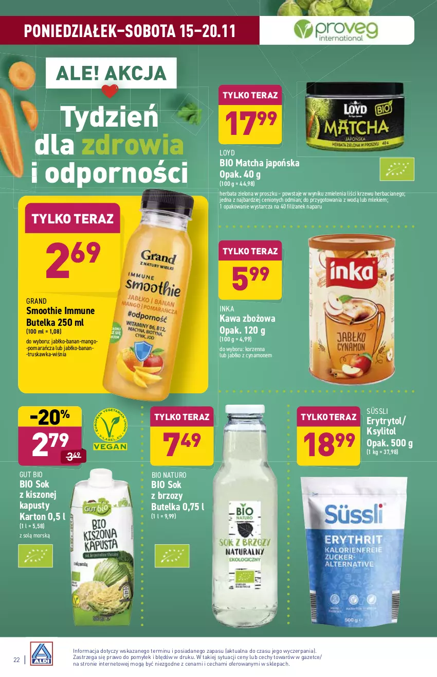 Gazetka promocyjna Aldi - ważna 15.11 do 20.11.2021 - strona 22 - produkty: Gra, Herbata, Inka, Kawa, Kawa zbożowa, Ksylitol, Loyd, Mango, Por, Smoothie, Sok, Tera