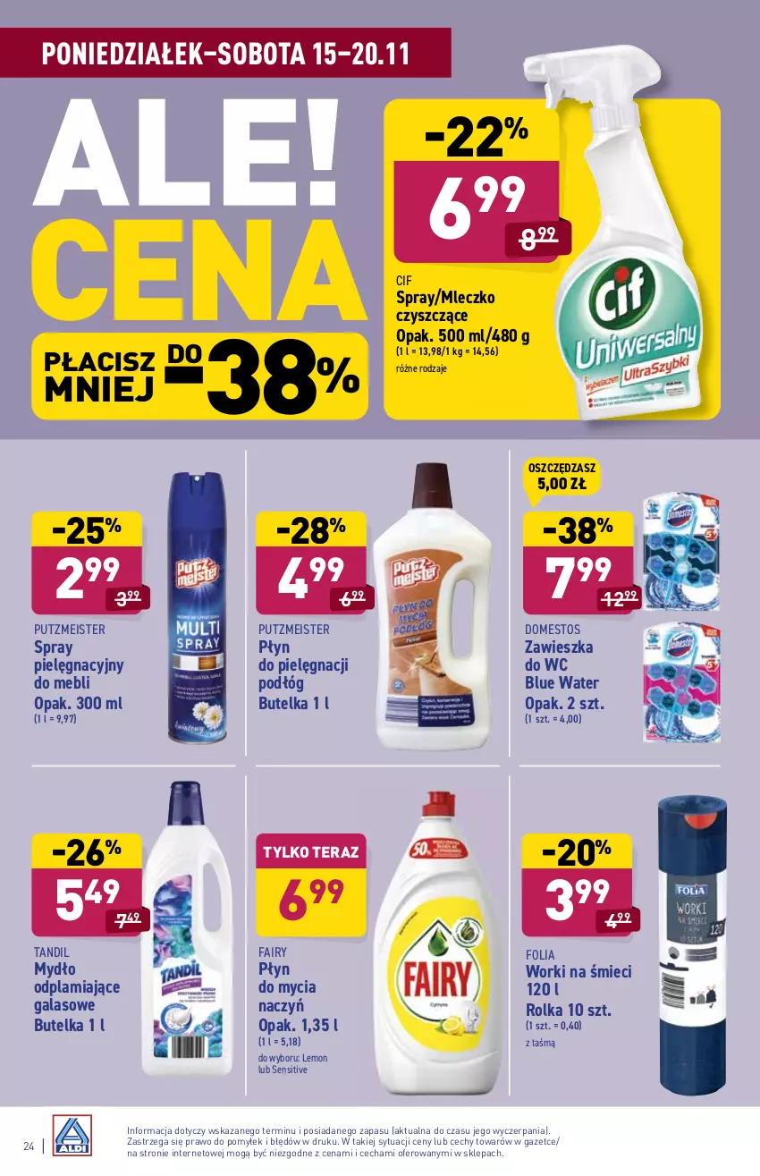 Gazetka promocyjna Aldi - ważna 15.11 do 20.11.2021 - strona 24 - produkty: Cif, Do mycia naczyń, Domestos, Fa, Fairy, Gala, Mleczko, Mydło, Płyn do mycia, Płyn do mycia naczyń, Putzmeister, Tera, Worki na śmiec, Worki na śmieci, Zawieszka do wc