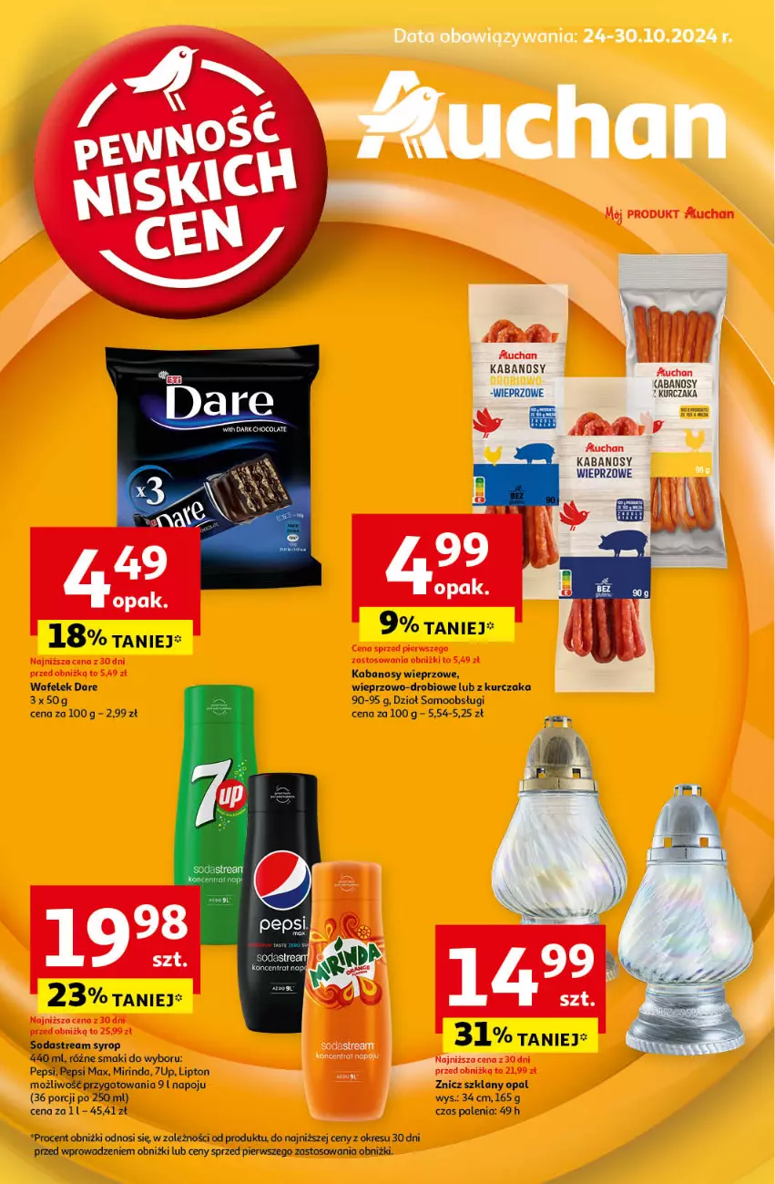 Gazetka promocyjna Auchan - Pewność Niskich Cen Hipermarket - ważna 24.10 do 30.10.2024 - strona 1 - produkty: 7up, Kabanos, Kurczak, Lipton, Mirinda, Pepsi, Pepsi max, Por, Syrop, Wafelek, Znicz