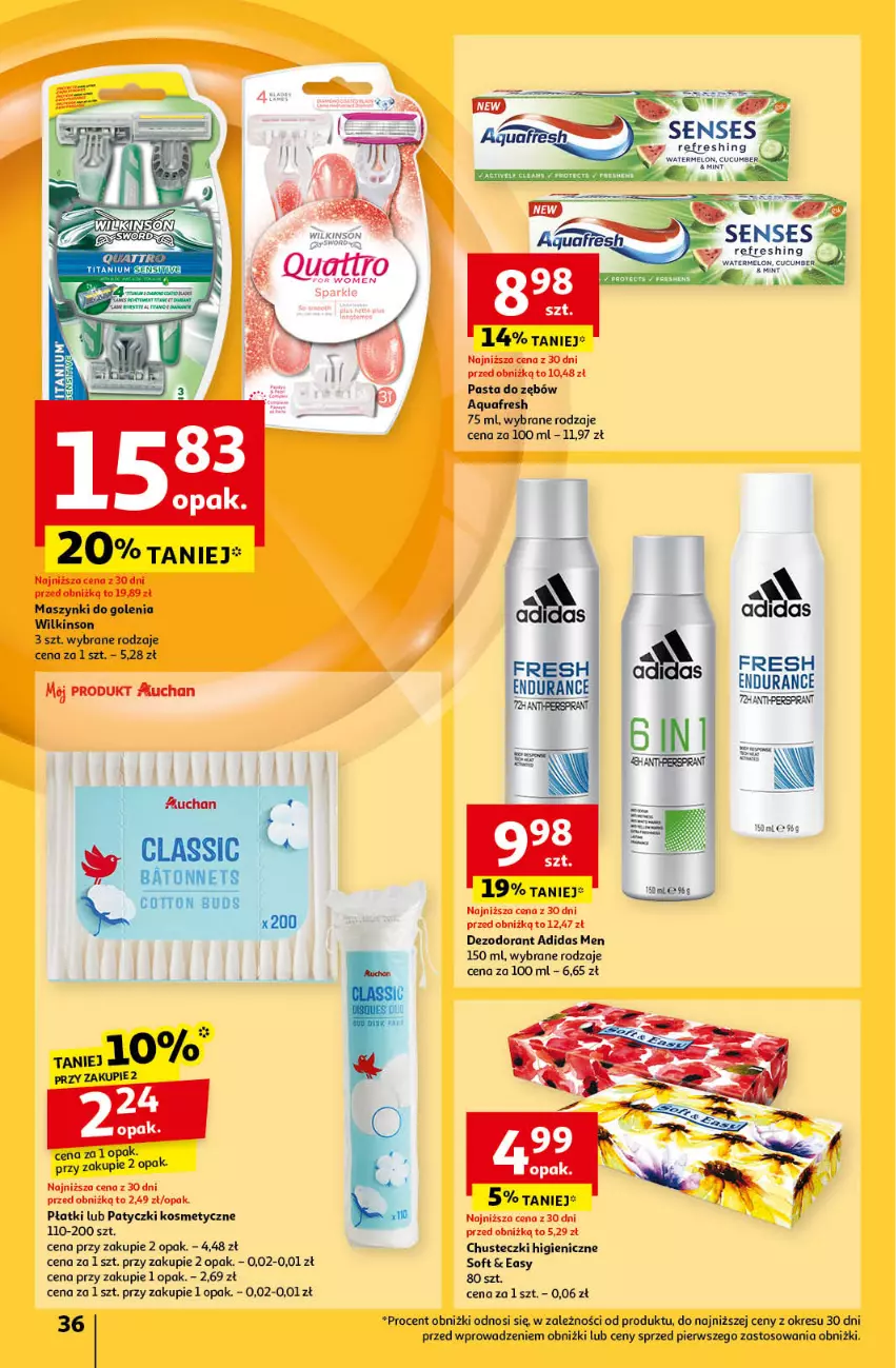 Gazetka promocyjna Auchan - Pewność Niskich Cen Hipermarket - ważna 24.10 do 30.10.2024 - strona 38 - produkty: Adidas, Aquafresh, Chusteczki, Dezodorant, Melon, Pasta do zębów, Patyczki kosmetyczne, Senses