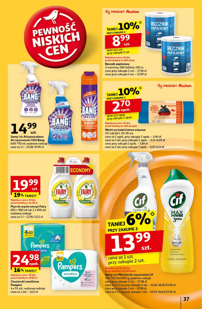 Gazetka promocyjna Auchan - Pewność Niskich Cen Hipermarket - ważna 24.10 do 30.10.2024 - strona 39 - produkty: Chusteczki, Cif, Cillit Bang, Do mycia naczyń, Fa, Fairy, Mleczko, Pampers, Papier, Płyn do mycia, Płyn do mycia naczyń, Ręcznik, Worki na śmiec, Worki na śmieci