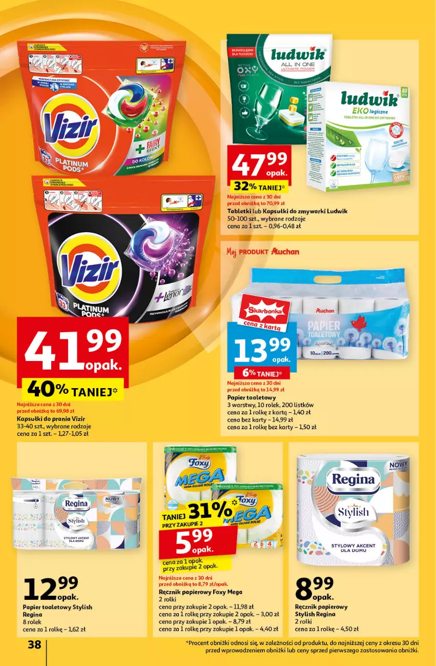 Gazetka promocyjna Auchan - Pewność Niskich Cen Hipermarket - ważna 24.10 do 30.10.2024 - strona 40 - produkty: Foxy, Gin, Kapsułki do prania, Ludwik, Papier, Papier toaletowy, Ręcznik, Rolki, Tablet, Vizir, Zmywarki