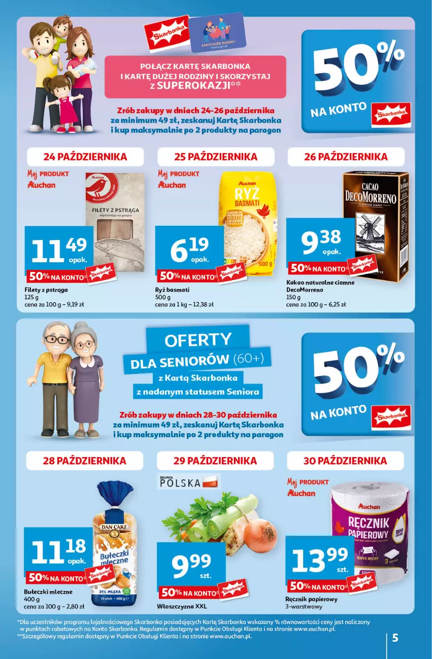 Gazetka promocyjna Auchan - Pewność Niskich Cen Hipermarket - ważna 24.10 do 30.10.2024 - strona 5 - produkty: Bułeczki, Bułeczki mleczne, Kakao, Papier, Pstrąg, Ręcznik, Ryż, Ryż basmati