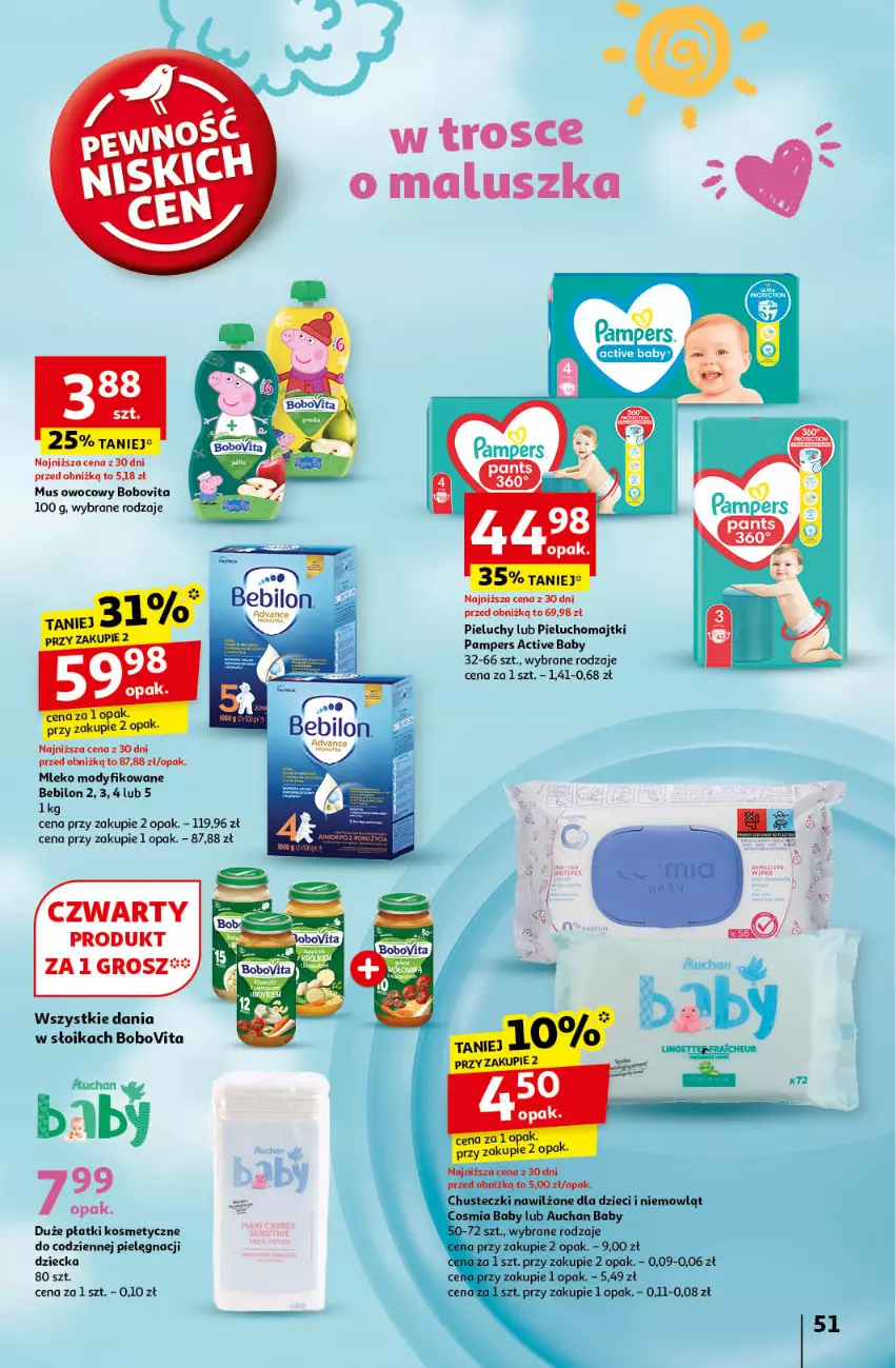 Gazetka promocyjna Auchan - Pewność Niskich Cen Hipermarket - ważna 24.10 do 30.10.2024 - strona 59 - produkty: BEBILON, BoboVita, Chusteczki, Dzieci, Majtki, Mleko, Mleko modyfikowane, Mus, Pampers, Pieluchomajtki, Pieluchy, Płatki kosmetyczne