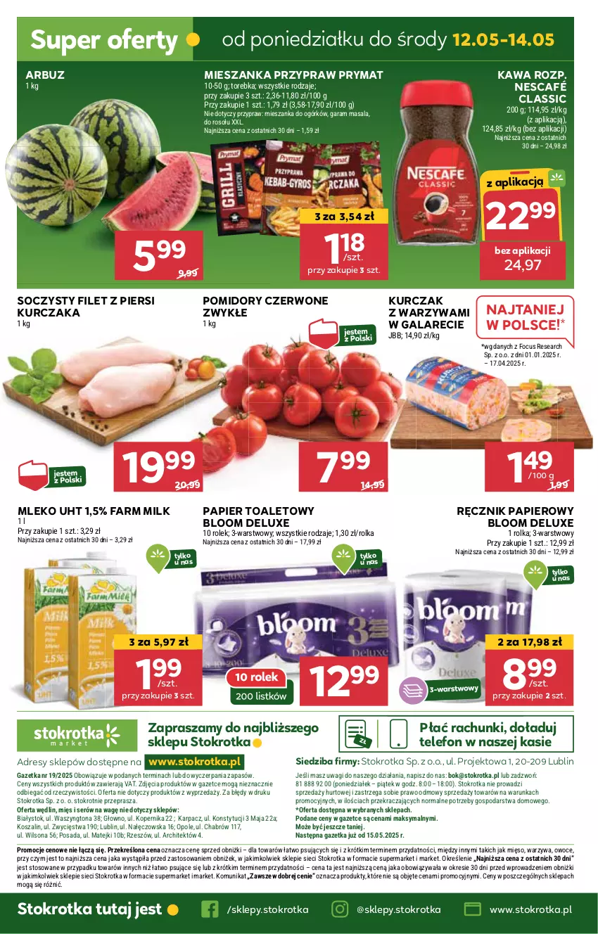 Gazetka promocyjna Stokrotka - Market - ważna 08.05 do 14.05.2025 - strona 18 - produkty: Arbuz, Dres, Fa, Farm Milk, Filet z piersi kurczaka, Gala, JBL, Karp, Kawa, Kosz, Kurczak, Mięso, Mleko, Nescafé, O nas, Owoce, Papier, Papier toaletowy, Pomidory, Prymat, Ręcznik, Ser, Szal, Telefon, Torebka, Wagi, Warzywa, Wilson