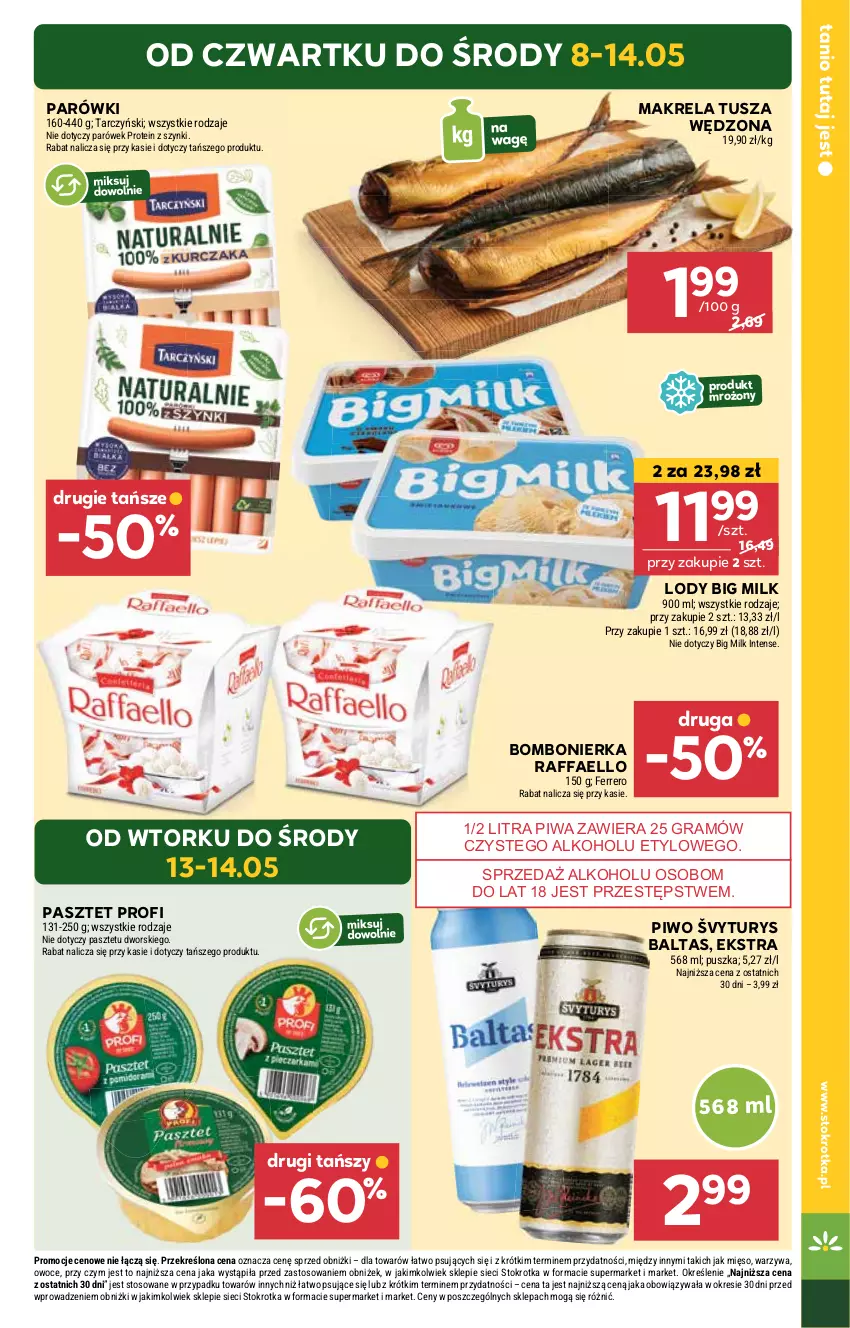 Gazetka promocyjna Stokrotka - Market - ważna 08.05 do 14.05.2025 - strona 3 - produkty: Big Milk, Fa, Ferrero, Gra, Lody, Mięso, Owoce, Parówki, Pasztet, Piwa, Piwo, Raffaello, Tarczyński, Tusz, Warzywa