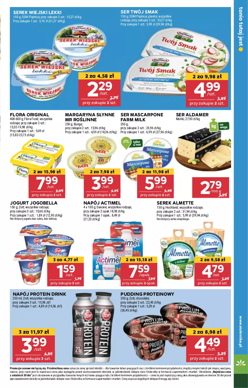 Gazetka promocyjna Stokrotka - Market - ważna 08.05 do 14.05.2025 - strona 9 - produkty: Actimel, Almette, Bell, Bella, Danone, Fa, Farm Milk, Flora, Gin, Hochland, Jogobella, Jogurt, Margaryna, Mascarpone, Mięso, Napój, Owoce, Piątnica, Pudding, Ser, Serek, Serek wiejski, Słynne, Słynne MR Roślinne, Twój Smak, Warzywa, Zott