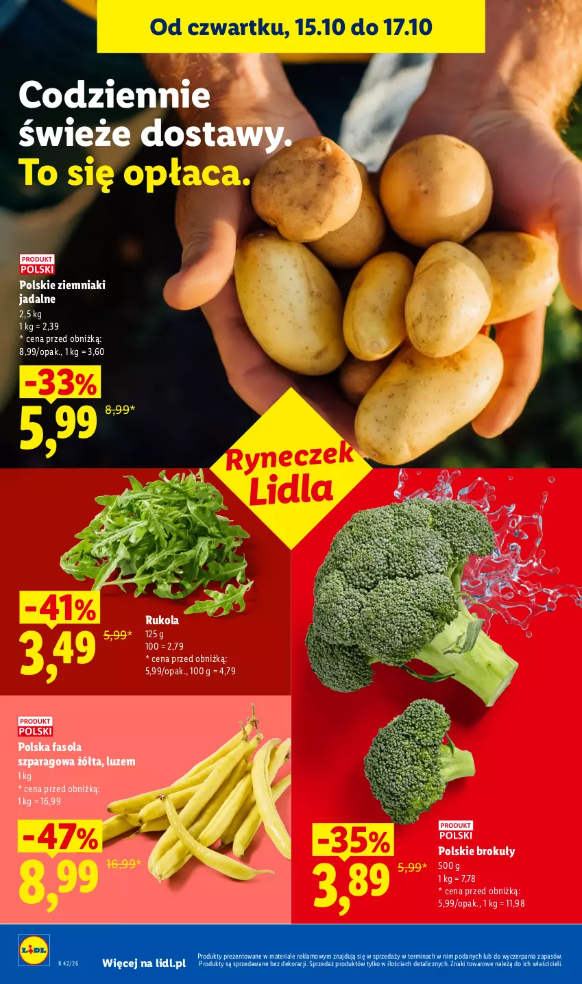 Gazetka promocyjna Lidl - Gazetka - ważna 15.10 do 17.10.2026 - strona 48 - produkty: Brokuły, Fa, Fasola, Fasola szparagowa, Rukola, Ziemniaki
