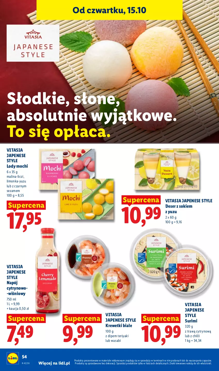 Gazetka promocyjna Lidl - Gazetka - ważna 15.10 do 17.10.2026 - strona 54 - produkty: Absolut, Deser, Krewetki, Liczi, Limonka, Lody, Napój, Ser, Sezam, Sok, Surimi, Wasa
