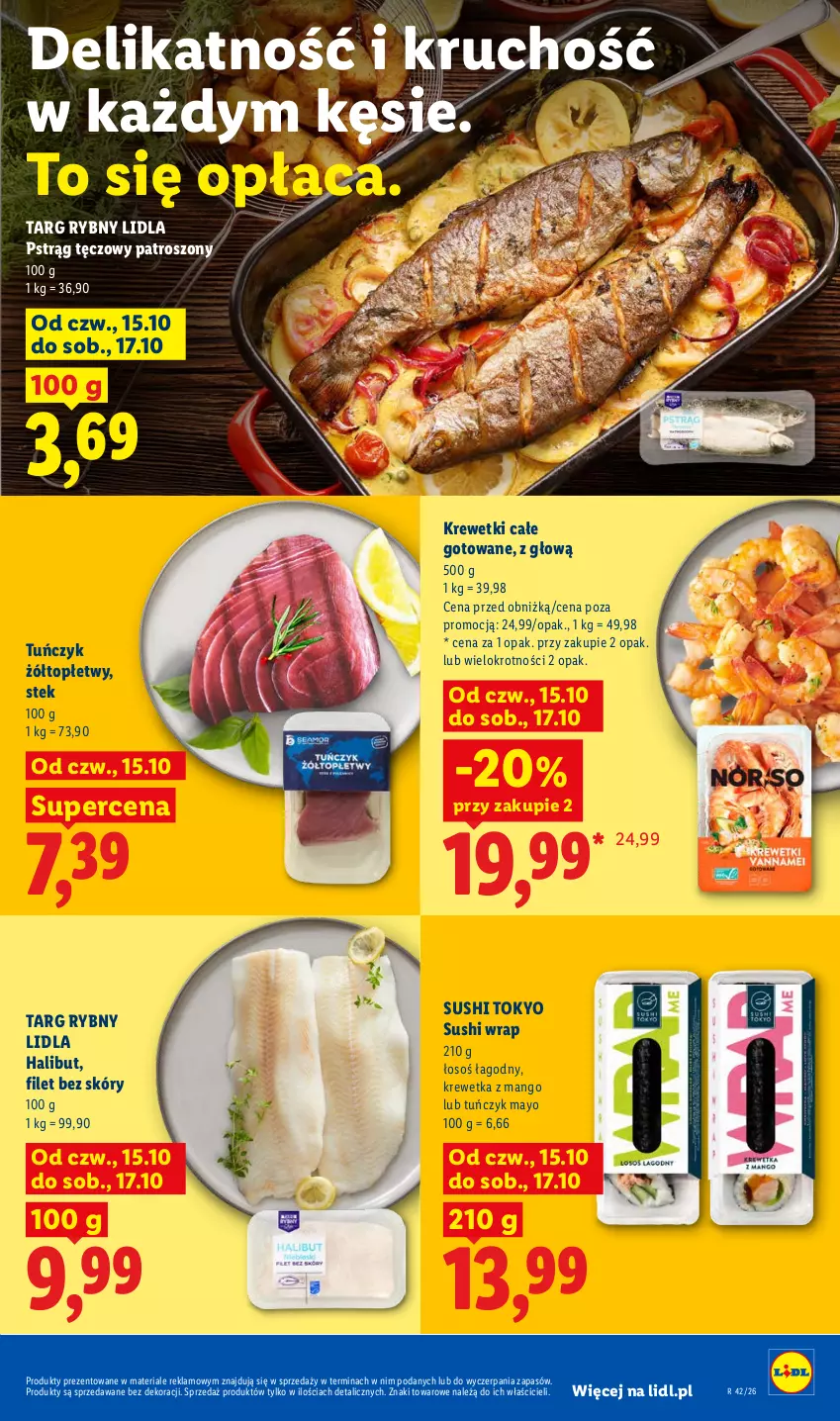 Gazetka promocyjna Lidl - Gazetka - ważna 15.10 do 17.10.2026 - strona 75 - produkty: Halibut, Krewetki, Mango, Pstrąg, Pstrąg tęczowy, Stek, Sushi, Top, Tuńczyk