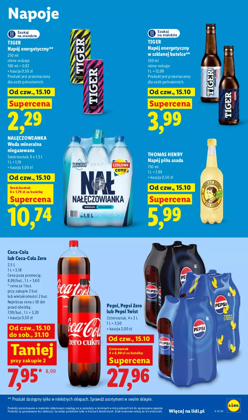 Gazetka promocyjna Lidl - Gazetka - ważna 15.10 do 17.10.2026 - strona 95 - produkty: Coca-Cola, Nałęczowianka, Napój, Napój energetyczny, Napoje, Pepsi, Tiger, Woda, Woda mineralna