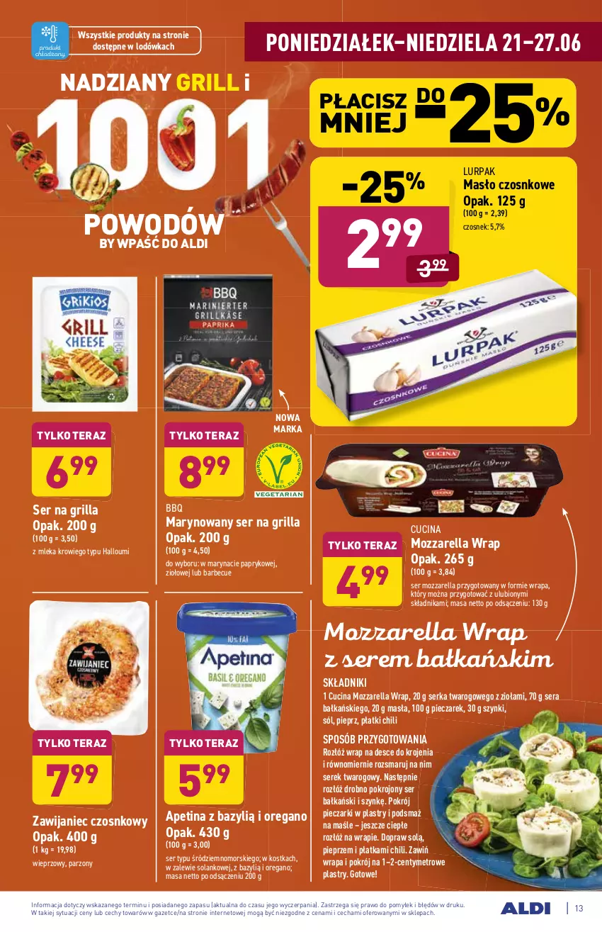 Gazetka promocyjna Aldi - ważna 21.06 do 26.06.2021 - strona 13 - produkty: Bazyl, Czosnek, Grill, Lodówka, Lurpak, Masło, Metro, Mozzarella, Piec, Pieprz, Ser, Serek, Serek twarogowy, Sól, Solan, Tera