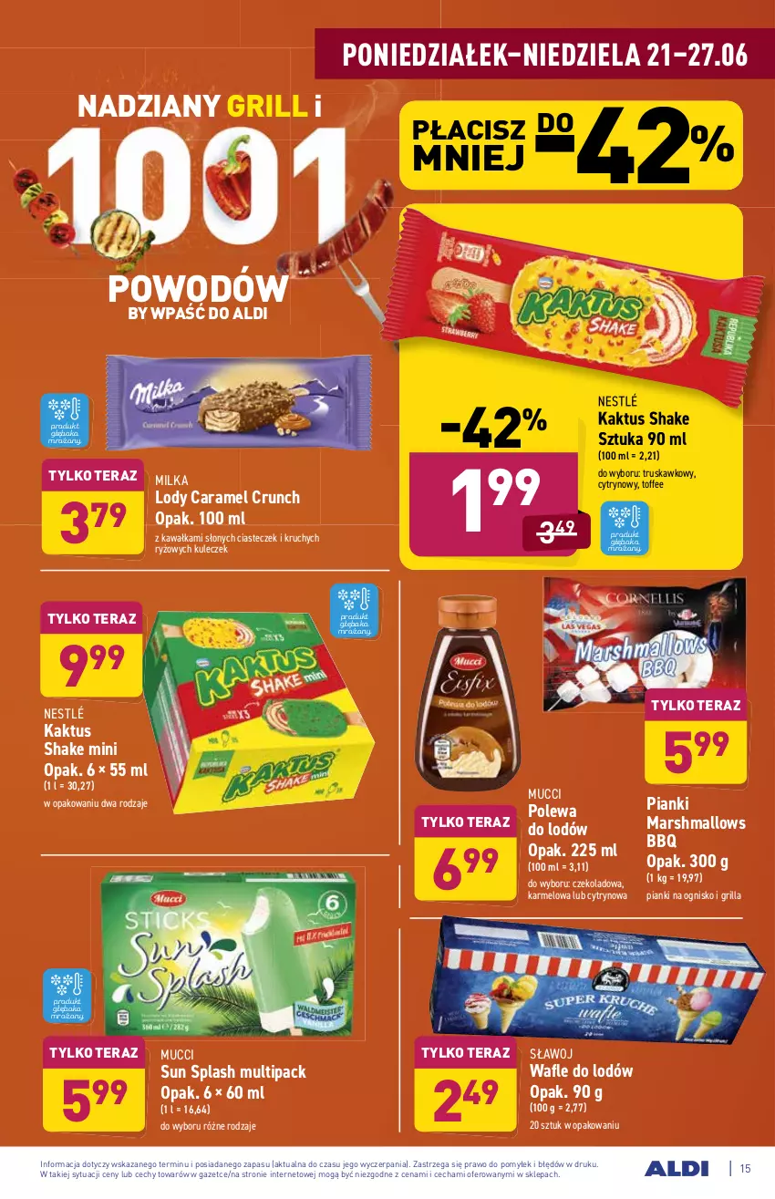 Gazetka promocyjna Aldi - ważna 21.06 do 26.06.2021 - strona 15 - produkty: Grill, Kaktus, Kawa, Lody, Mars, Marshmallows, Milka, Nestlé, Ryż, Tera, Wafle, Wafle do lodów