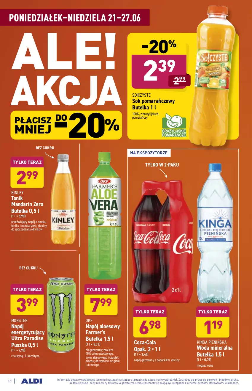 Gazetka promocyjna Aldi - ważna 21.06 do 26.06.2021 - strona 16 - produkty: Coca-Cola, Fa, Gin, Mandarynki, Mango, Napój, Napój gazowany, Por, Sok, Sok pomarańczowy, Stek, Tera, Tonik, Woda, Woda mineralna