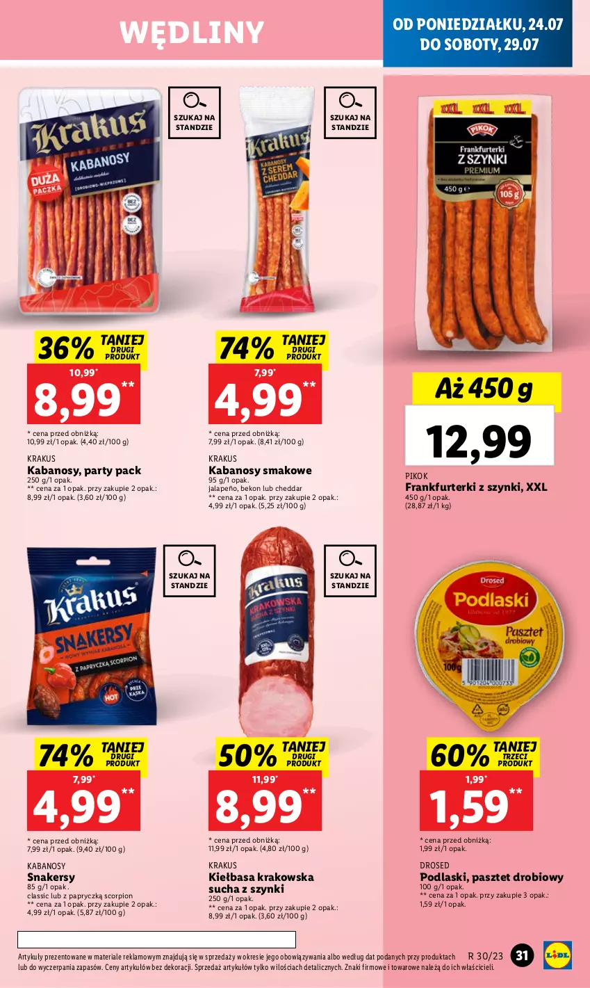 Gazetka promocyjna Lidl - GAZETKA - ważna 24.07 do 29.07.2023 - strona 43 - produkty: Beko, Cheddar, Frankfurterki, Kabanos, Kiełbasa, Kiełbasa krakowska, Krakus, Pasztet, PIKOK, Podlaski