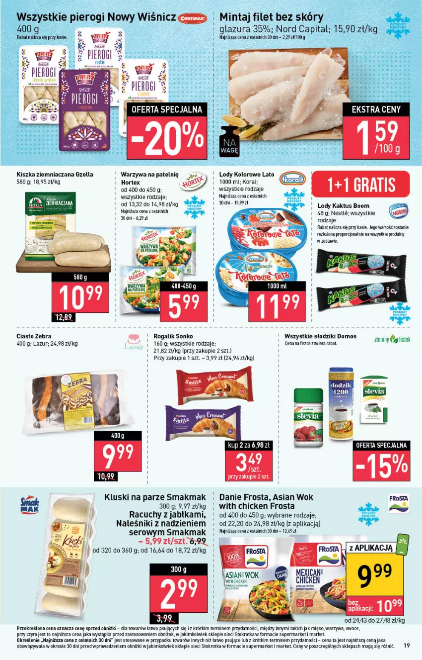 Gazetka promocyjna Stokrotka - Supermarket - ważna 17.08 do 23.08.2023 - strona 21 - produkty: Frosta, Hortex, Jabłka, Kaktus, Kluski na parze, Lazur, Lody, Mięso, Naleśniki, Owoce, Por, Rogal, Ser, Sonko, Warzywa