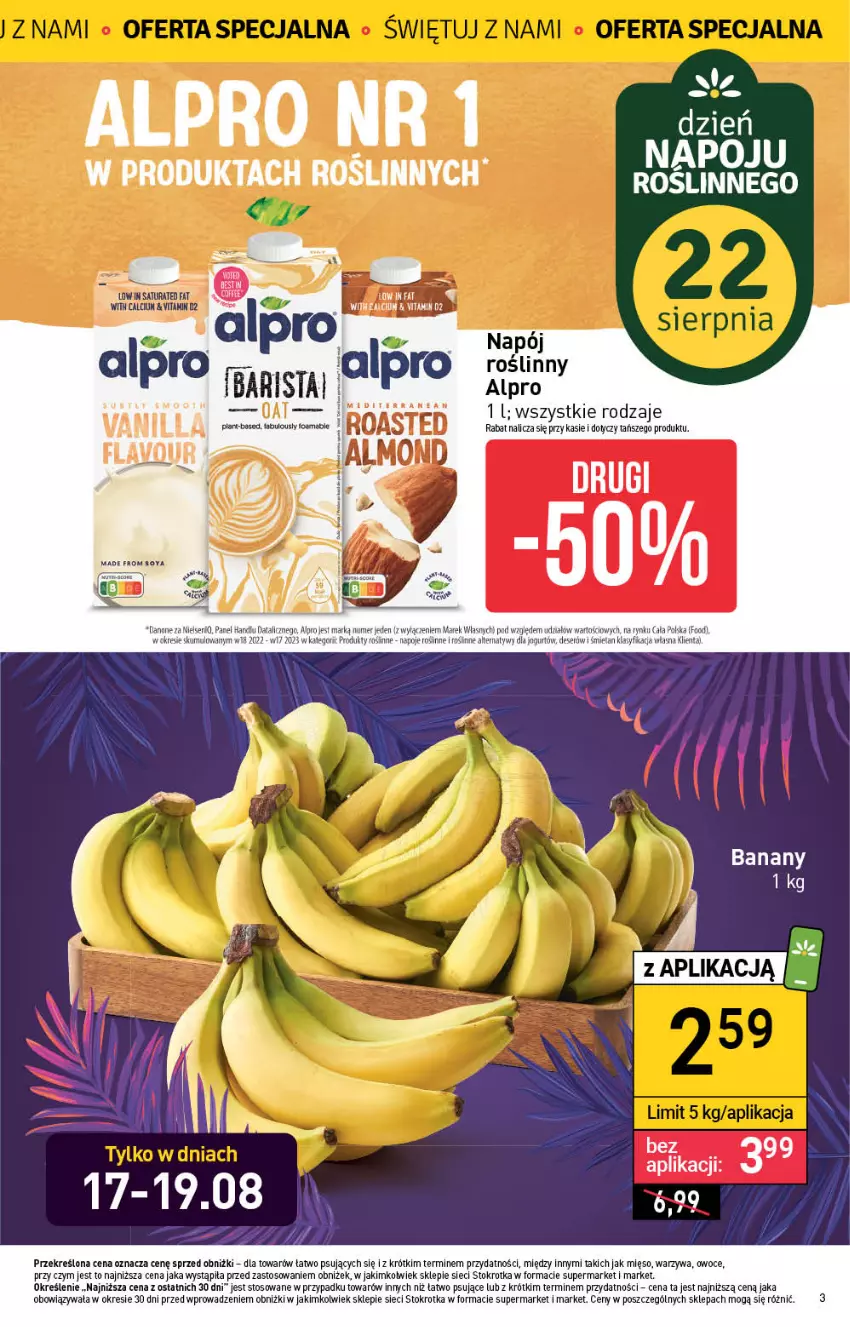 Gazetka promocyjna Stokrotka - Supermarket - ważna 17.08 do 23.08.2023 - strona 3 - produkty: Alpro, Banany, Deser, Fa, Jogurt, Mięso, Napój, Napoje, Owoce, Ser, Warzywa