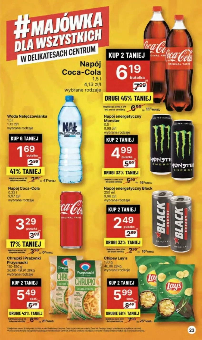 Gazetka promocyjna Delikatesy Centrum - ważna 02.05 do 08.05.2024 - strona 16 - produkty: Chipsy, Chrupki, Coca-Cola, Gin, Gra, Lack, Nałęczowianka, Napój, Napój energetyczny, Przysnacki, Tera, Woda