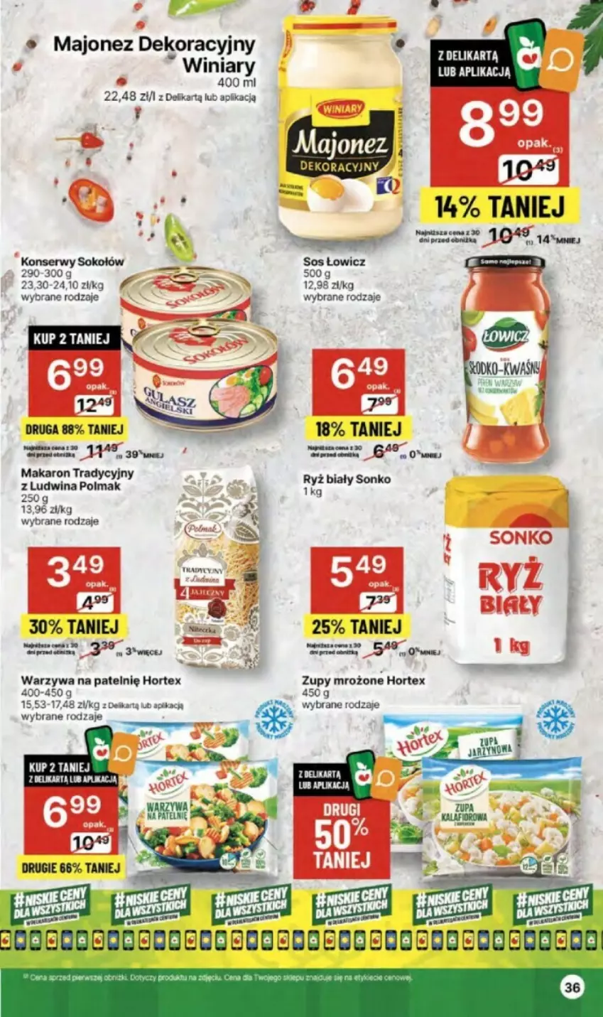 Gazetka promocyjna Delikatesy Centrum - ważna 02.05 do 08.05.2024 - strona 30 - produkty: Hortex, Majonez, Makaron, Olma, Ryż, Ryż biały, Ser, Sok, Sokołów, Sonko, Sos, Warzywa, Winiary