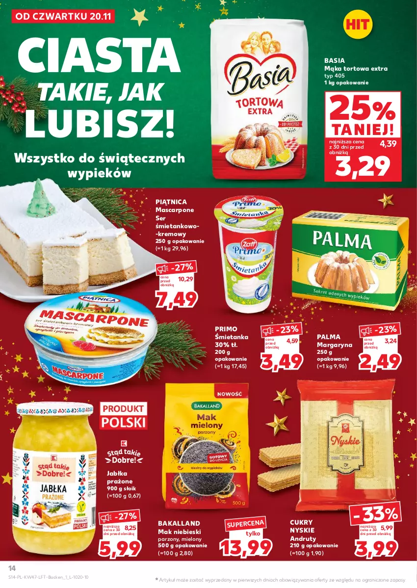 Gazetka promocyjna Kaufland - Gazetka tygodnia - ważna 20.11 do 26.11.2025 - strona 14 - produkty: Bakalland, Basia, Gra, Jabłka, Jabłka prażone, Mąka, Mąka tortowa, Margaryna, Mascarpone, Palma, Piątnica, Ser
