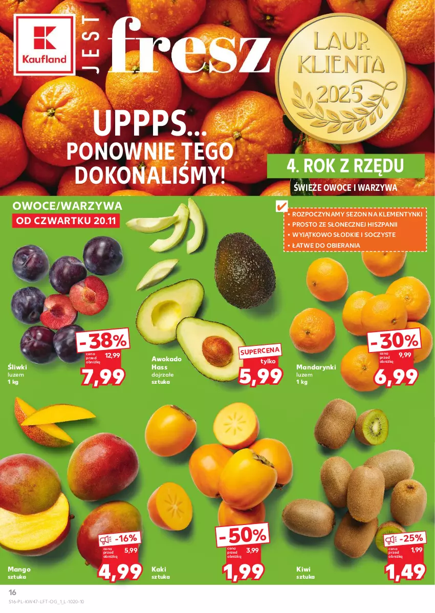 Gazetka promocyjna Kaufland - Gazetka tygodnia - ważna 20.11 do 26.11.2025 - strona 16 - produkty: Kaki, Kiwi, Klementynki, Mandarynki, Mango, Owoce, Warzywa