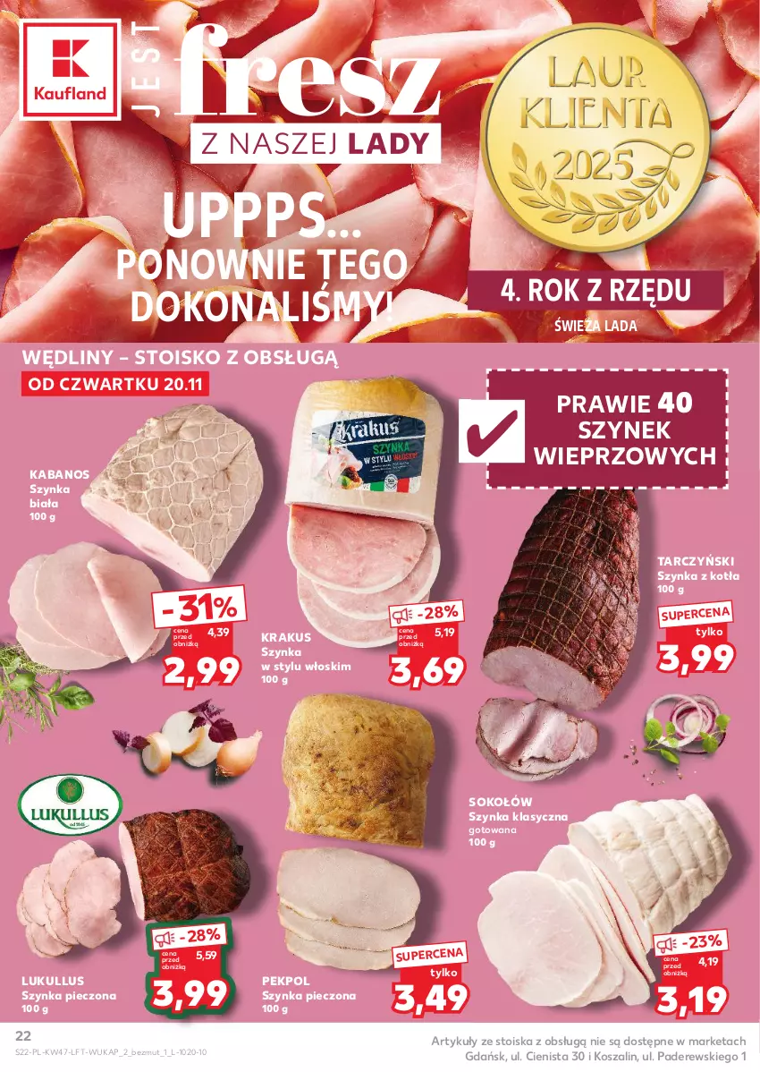 Gazetka promocyjna Kaufland - Gazetka tygodnia - ważna 20.11 do 26.11.2025 - strona 22 - produkty: Kabanos, Kosz, Krakus, Pekpol, Piec, Sok, Sokołów, Szal, Szynka, Szynka biała, Tarczyński