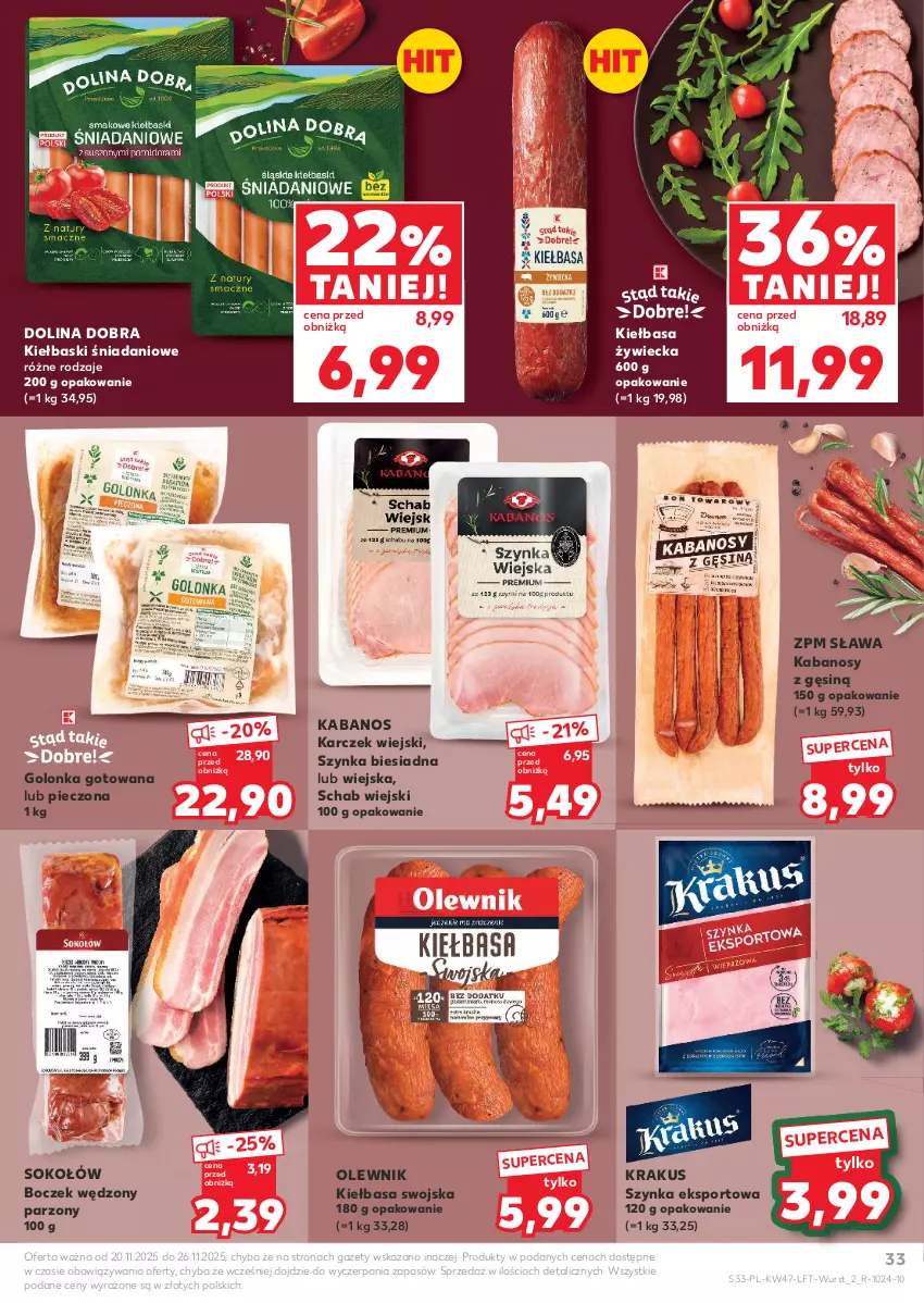 Gazetka promocyjna Kaufland - Gazetka tygodnia - ważna 20.11 do 26.11.2025 - strona 33 - produkty: Boczek, Danio, Kabanos, Kiełbasa, Krakus, Olewnik, Piec, Por, Sok, Sokołów, Sport, Szynka