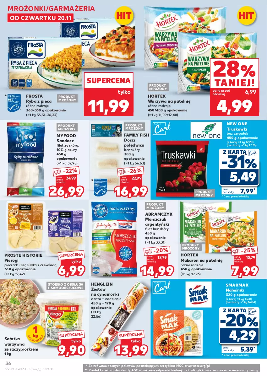 Gazetka promocyjna Kaufland - Gazetka tygodnia - ważna 20.11 do 26.11.2025 - strona 36 - produkty: Dorsz, Fa, Frosta, Hortex, Lazur, Makaron, Naleśniki, Piec, Pierogi, Polędwica, Ryba, Sałat, Sałatka, Sałatka warzywna, Sandacz, Sandacz filet, Ser, Truskawki, Warzywa