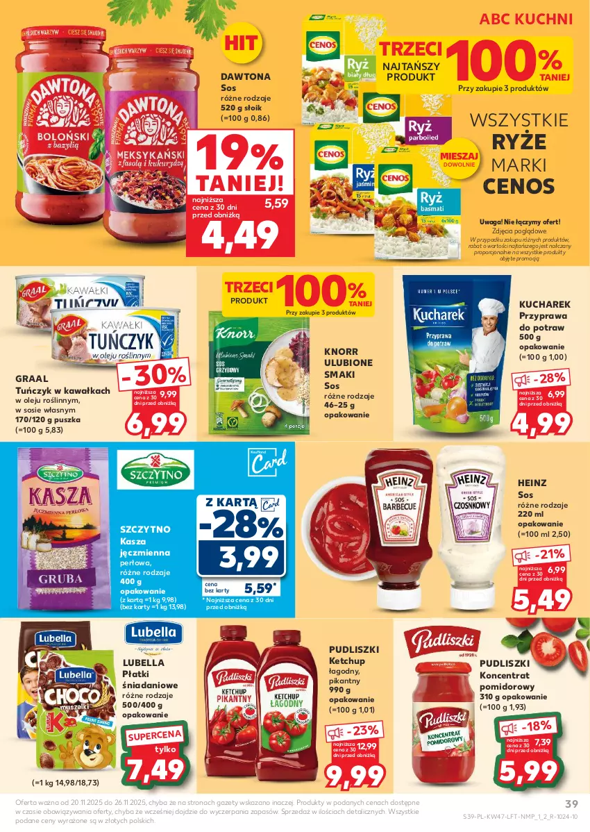 Gazetka promocyjna Kaufland - Gazetka tygodnia - ważna 20.11 do 26.11.2025 - strona 39 - produkty: Bell, Bella, Cenos, Danio, Dawtona, Gra, Graal, Heinz, Kasza, Kasza jęczmienna, Kawa, Ketchup, Knorr, Koncentrat pomidorowy, Kucharek, Lubella, Olej, Por, Przyprawa do potraw, Pudliszki, Ryż, Sos, Tuńczyk, Waga